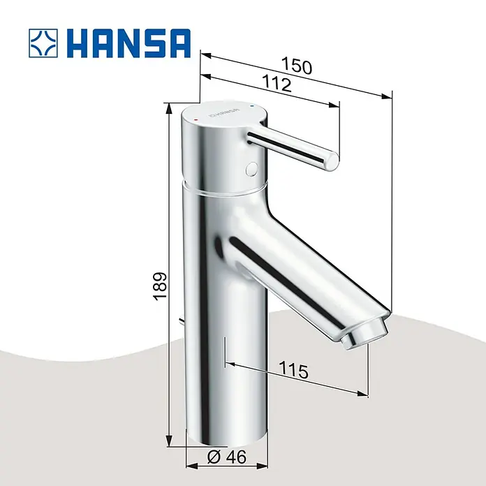 Hansa Vantis Waschtischarmatur M-Size - Chrom, Glänzend - Abbildung einer Hansa Armatur mit Maßangaben. Die Armatur ist aus Chrom und hat ein modernes Design.