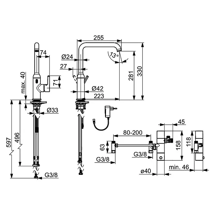 Hansa Vantis Spültischarmatur - Chrom, Glänzend, Bluetooth - Technische Zeichnung einer Küchenarmatur mit allen Maßangaben für die Installation und den Anschluss.