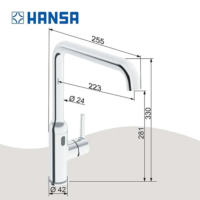 Hansa Vantis Spültischarmatur - Chrom, Glänzend, Bluetooth - Produktabbildung einer Hansa Armatur mit Maßangaben. Moderne Küchenarmatur mit klaren Linien und Chromoberfläche für stilvolle Küchen.