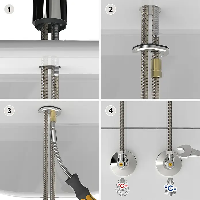 Hansa Polo Waschtischarmatur M-Size - Chrom, Glänzend - Bild 1-4 zeigt die Installation einer Armatur, beginnend mit der Befestigung bis zum Anschließen an die Warm- und Kaltwasserzufuhr.