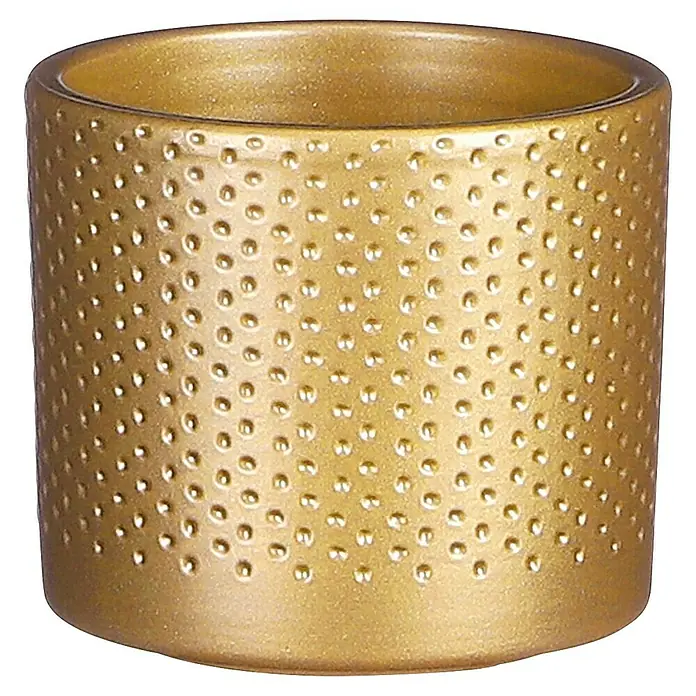 Mica Decorations Übertopf rund Era - Außenmaß (Ø x H): 7 x 6 cm, Gold, Keramik - Nahaufnahme eines goldenen Pflanzgefäßes mit Punktmuster, ideal für Zimmerpflanzen und zur Dekoration von Wohnräumen.
