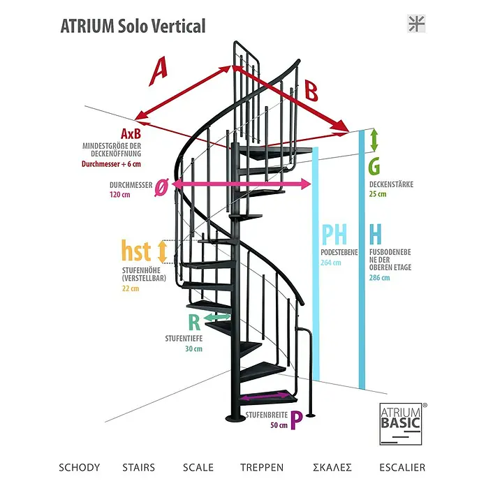 Atrium Spindeltreppe Solo Vertical - Farbton Metall: RAL 9005, Durchmesser: 120 cm, Stahl, Geschosshöhe: 264 cm - 286 cm - Abbildung einer ATRIUM Solo Vertical Wendeltreppe mit Maßen und Details zu Stufenhöhe, Durchmesser und Deckenstärke.