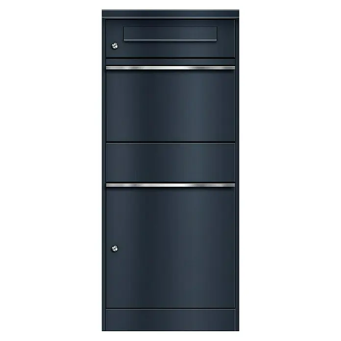 Metzler Paketbox BRFK BISPO SF - L x B x H: 37 x 50,2 x 112 cm, Anthrazit, Stahl, Paketfach, Mit Seitenfenster - Aufnahme eines blauen Briefkastens mit silbernen Akzenten, der ein elegantes und modernes Design aufweist.