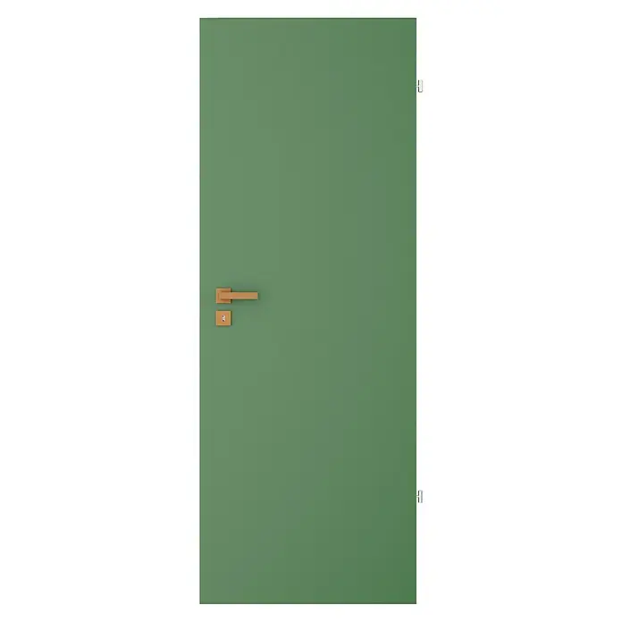 GetaDoor Getalit Zimmertür FM8237 - 735 x 1.985 mm, DIN Anschlag: Rechts, Edeltanne, Röhrenspan - Eine grüne Innentür mit modernem, bronzefarbenem Türgriff und Beschlägen, die ein stilvolles und zeitgemäßes Design zeigt.