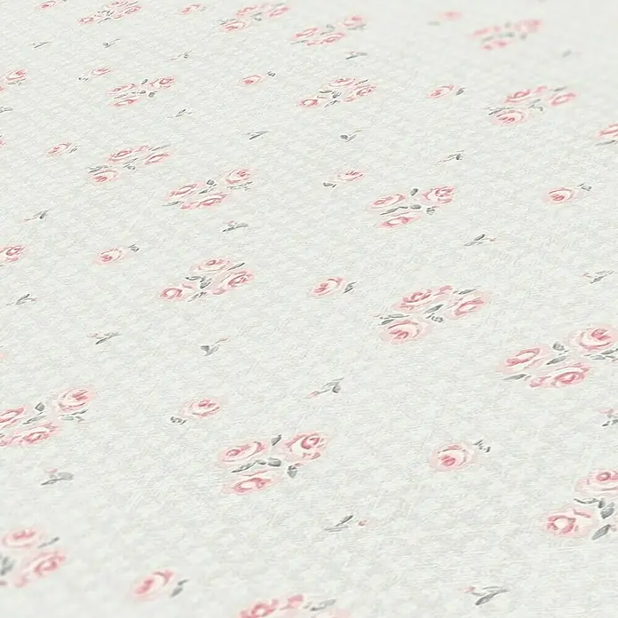 A.S. Création Maison Charme Vliestapete Blümchen - Hellgrau-Rot-Weiß, Floral, 10,05 x 0,53 m - Nahaufnahme eines Stoffes mit einem zarten Rosenmuster, ideal für romantische Dekorationen und stilvolle Projekte.
