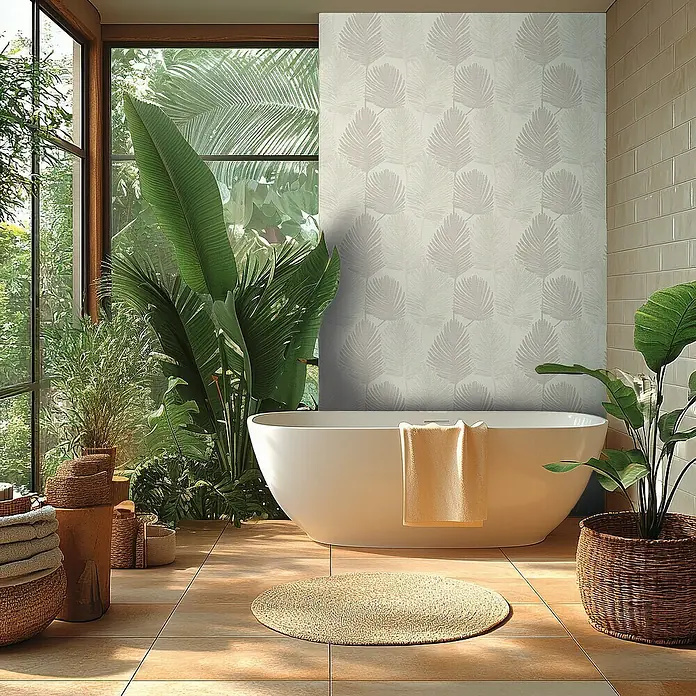A.S. Création Metropolitan Stories Hot Spots Vliestapete Blätter - Weiß-Hellgrau, Floral, 10,05 x 0,53 m - Ein Badezimmer mit freistehender Badewanne, umgeben von üppigen Pflanzen und natürlichem Licht, strahlt Ruhe und Entspannung aus.