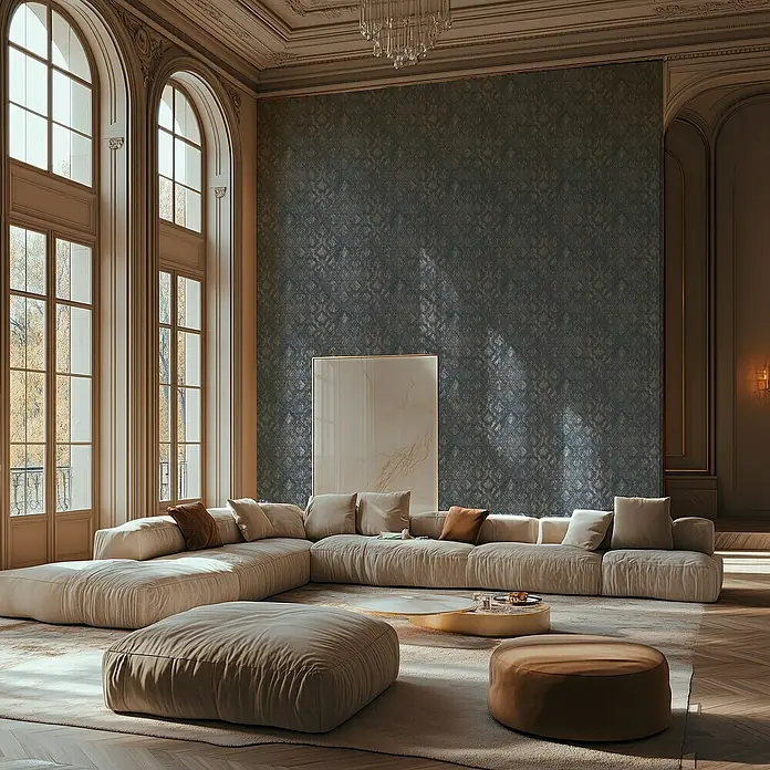 A.S. Création Metropolitan Stories Hot Spots Vliestapete - Blau-Silber-Metallic, Ornament, 10,05 x 0,53 m - Ein luxuriöses Wohnzimmer mit einem einladenden modularen Sofa und passenden Poufs. Das elegante Design wird durch hohe Fenster hervorgehoben.