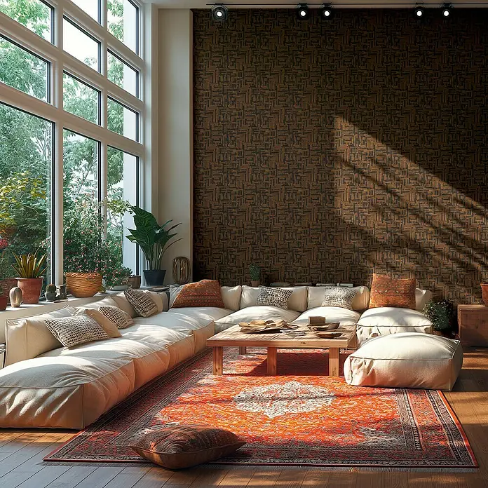 A.S. Création Metropolitan Stories Hot Spots Vliestapete Ethno - Braun-Schwarz, Grafisch, 10,05 x 0,53 m - Wohnzimmer mit modularem Sofa, Teppich und großem Fenster. Gemütliche Atmosphäre durch Texturen und Farben.
