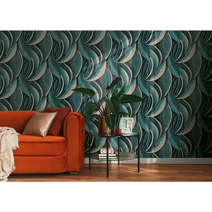 A.S. Création Metropolitan Stories Hot Spots Vliestapete Floral - Blau-Hellgrau-Silber, Floral, 10,05 x 0,53 m - Dekorative Tapete mit abstrakten Blättern in Blau- und Grautönen als Blickfang im Wohnzimmer.
