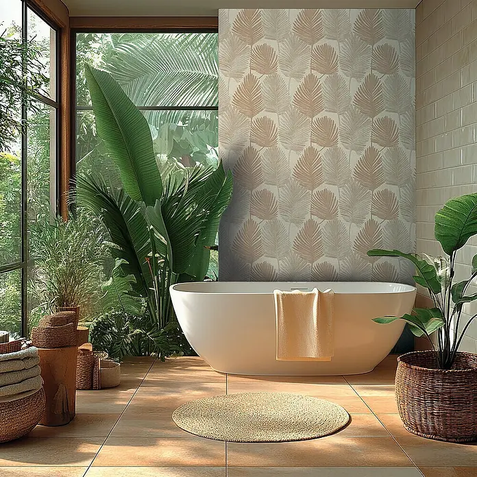 A.S. Création Metropolitan Stories Hot Spots Vliestapete Blätter - Creme-Beige-Grau, Floral, 10,05 x 0,53 m - Elegantes Badezimmer mit freistehender Badewanne, umgeben von üppigem Grün und natürlichem Licht. Die Badewanne lädt zum Entspannen ein.