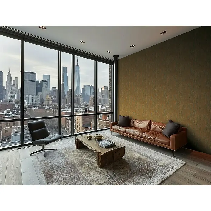 A.S. Création Metropolitan Stories Hot Spots Vliestapete Putzstruktur - Braun-Orange-Grau, Steinoptik, 10,05 x 0,53 m - Eine stilvolle Wohnung mit einem Ledersofa, einem Sessel und einem Teppich, mit Blick auf die Skyline von New York City durch die großen Fenster.