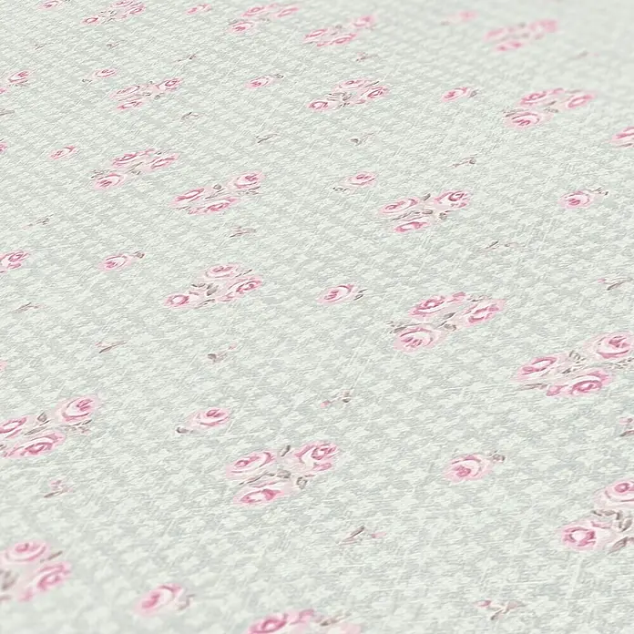 A.S. Création Maison Charme Vliestapete Blümchen - Grau-Rosa-Weiß, Floral, 10,05 x 0,53 m - Nahaufnahme eines Stoffes mit floralem Muster und Hahnentrittmuster, ideal für DIY-Projekte.