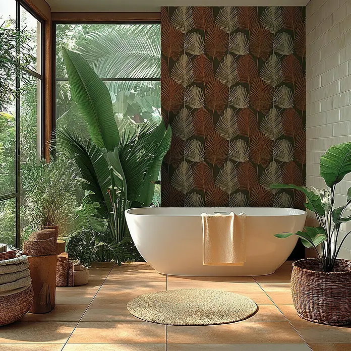 A.S. Création Metropolitan Stories Hot Spots Vliestapete Blätter - Braun-Rot-Beige, Floral, 10,05 x 0,53 m - Elegantes Badezimmer mit freistehender Badewanne, tropischen Pflanzen und warmen Erdtönen für eine entspannende Atmosphäre.