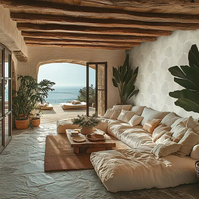 A.S. Création Metropolitan Stories Hot Spots Vliestapete Blätter - Weiß-Hellgrau, Floral, 10,05 x 0,53 m - Helles Wohnzimmer mit üppigem Ecksofa und Blick aufs Meer. Die Sofalandschaft mit vielen Kissen lädt zum Entspannen ein.