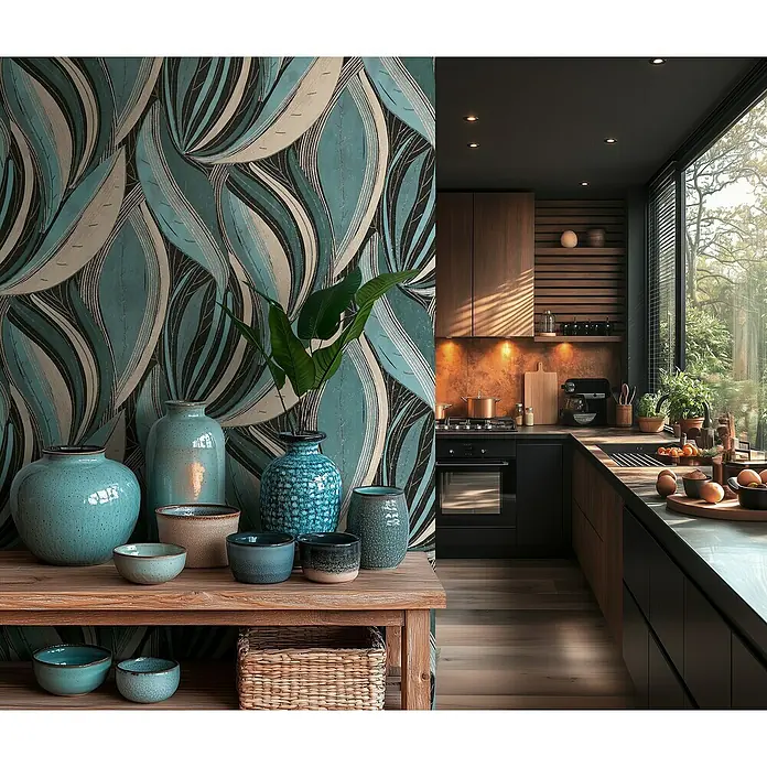 A.S. Création Metropolitan Stories Hot Spots Vliestapete Floral - Blau-Hellgrau-Silber, Floral, 10,05 x 0,53 m - Keramikvasen-Kollektion auf einem Holztisch, der eine moderne Küchenumgebung ergänzt. Das Design der Vase ist einzigartig und dekorativ.