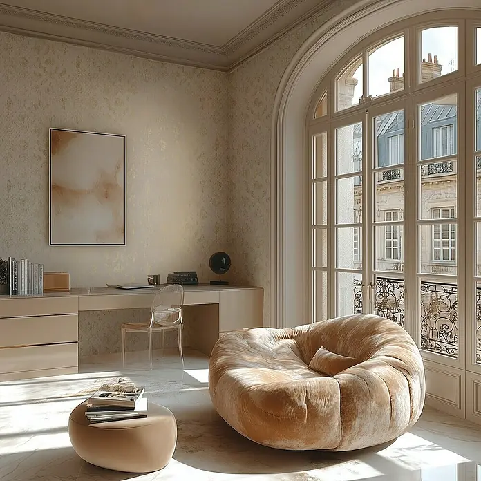 A.S. Création Metropolitan Stories Hot Spots Vliestapete - Creme-Gold-Metallic, Ornament, 10,05 x 0,53 m - Gemütliches Zimmer mit beigem Sitzsack, Schreibtisch und Kunstwerk. Helles Interieur mit großem Fenster und Marmorboden für entspannte Momente.