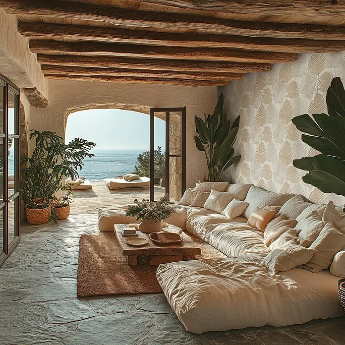 A.S. Création Metropolitan Stories Hot Spots Vliestapete Blätter - Creme-Beige-Grau, Floral, 10,05 x 0,53 m - Geräumiges Wohnzimmer mit großem Sofa, Holzbalkendecke und Meerblick durch den offenen Durchgang. Gemütliche Atmosphäre.