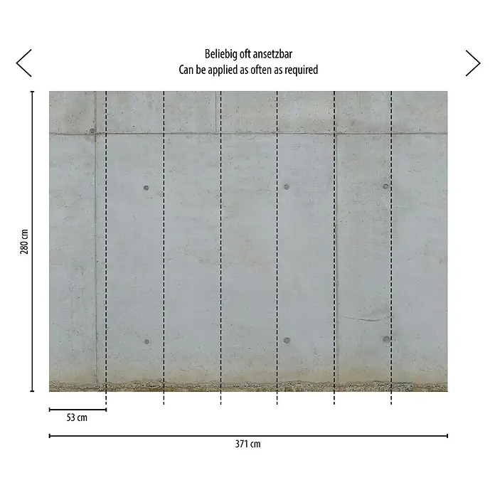 A.S. Création The Wall 2 Fototapete Betonwand - B x H: 371 x 280 cm, Vlies - Produktansicht einer Betonwandtapete mit den Maßen 280 cm Höhe und 371 cm Breite, beliebig oft ansetzbar für flexible Wandgestaltung.