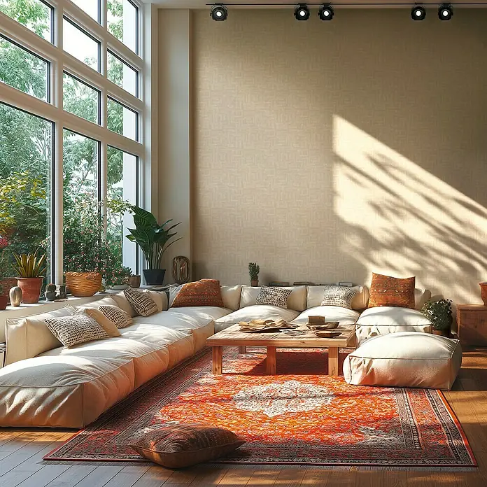A.S. Création Metropolitan Stories Hot Spots Vliestapete Ethno - Beige-Creme-Grau, Grafisch, 10,05 x 0,53 m - Gemütliches Wohnzimmer mit großem Fenster, Ecksofa, Teppich und Holztisch. Warmes Licht fällt in den Raum.