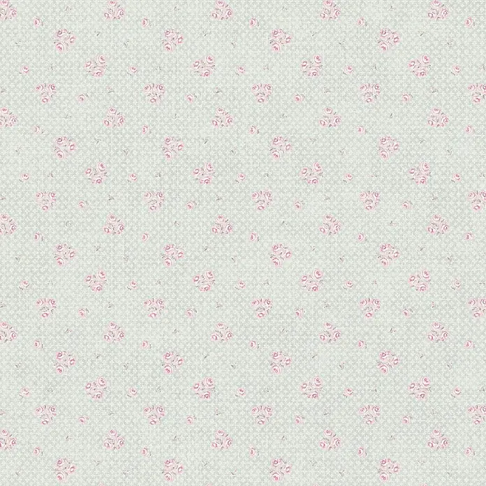 A.S. Création Maison Charme Vliestapete Blümchen - Grau-Rosa-Weiß, Floral, 10,05 x 0,53 m - Zartes florales Muster mit kleinen, rosafarbenen Rosenblüten auf hellblauem Grund. Perfekt für romantische Dekorationen und textile Projekte.