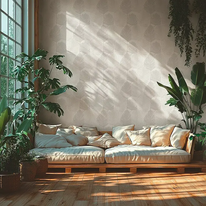 A.S. Création Metropolitan Stories Hot Spots Vliestapete Blätter - Weiß-Hellgrau, Floral, 10,05 x 0,53 m - Einladendes Wohnzimmer mit Palettensofa, beigen Kissen und Pflanzen vor einer stilvollen Tapete, ideal für gemütliche Stunden.
