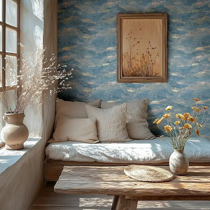 A.S. Création Metropolitan Stories Hot Spots Vliestapete Wellengrafik - Blau-Dunkelblau-Gold, Wellen, 10,05 x 0,53 m - Gemütliche Leseecke mit Naturholzbank, Kissen, Blumen und Kunstwerk an blau gemusterter Wand. Natürliche Materialien sorgen für Wärme.