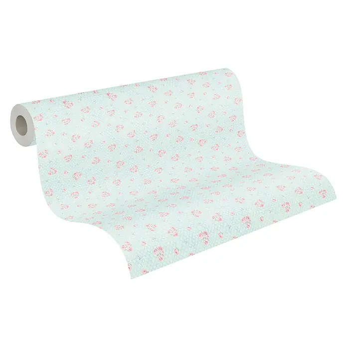 A.S. Création Maison Charme Vliestapete Blümchen - Blau-Rosa-Weiß, Floral, 10,05 x 0,53 m - Eine Rolle Küchentücher mit einem zarten Blumenmuster in Rosa und Hellblau, ideal für jede Küche, um Oberflächen sauber und ordentlich zu halten.