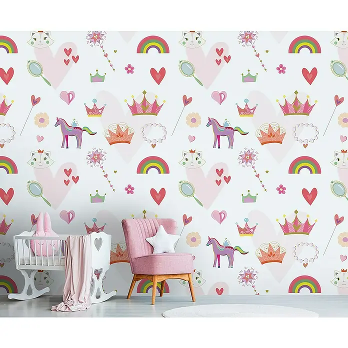 A.S. Création The Wall 2 Fototapete Prinzessin - B x H: 159 x 280 cm, Vlies - Kinderzimmer mit einer Wiege und einem Sessel vor einer Wand mit einem verspielten Prinzessinnenmuster.