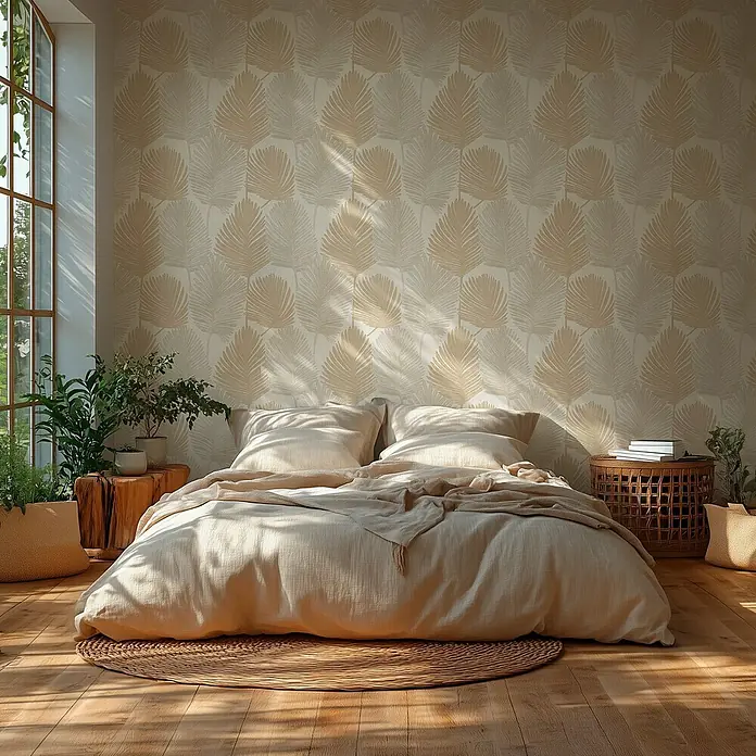 A.S. Création Metropolitan Stories Hot Spots Vliestapete Blätter - Creme-Beige-Grau, Floral, 10,05 x 0,53 m - Einladendes Schlafzimmer mit einem großen Bett, hellem Leinenbettzeug und einer dekorativen Wand mit Blattmuster für eine entspannte Atmosphäre.