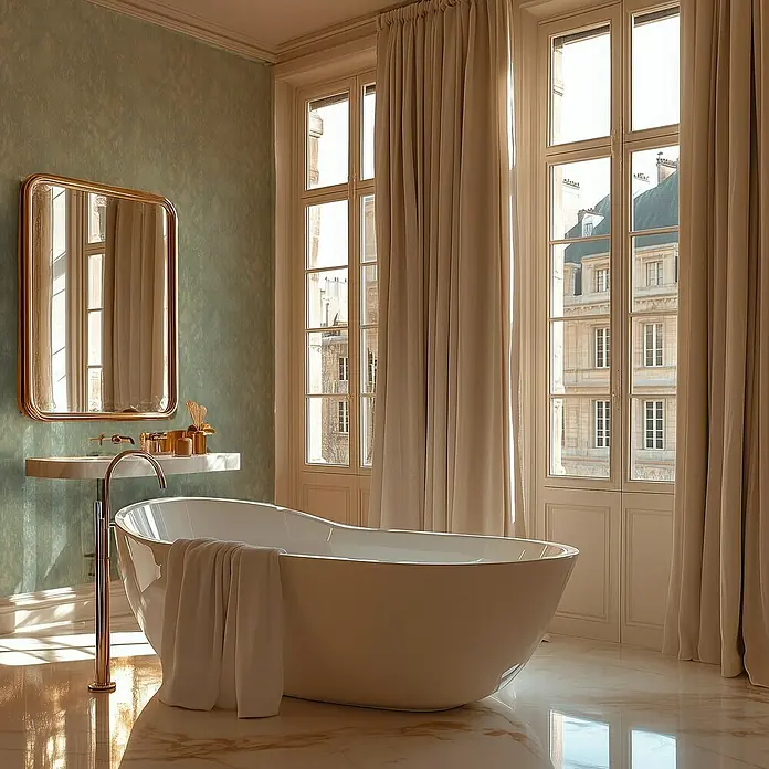 A.S. Création Metropolitan Stories Hot Spots Vliestapete - Grün-Champagner-Metallic, Ornament, 10,05 x 0,53 m - Elegante Badewanne mit Armatur und Handtuch. Ein moderner Hingucker für Ihr Badezimmer, mit glänzenden Oberflächen und stilvollem Design.