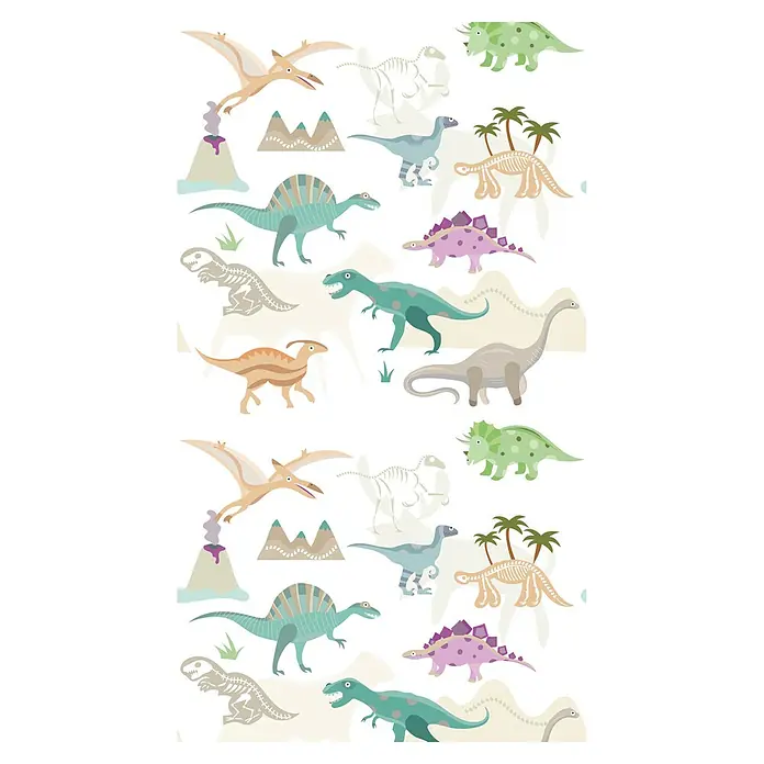 A.S. Création The Wall 2 Fototapete Dinos - B x H: 159 x 280 cm, Vlies - Buntes Dinosaurier-Muster mit verschiedenen Dinosaurierarten, Vulkanen und Skeletten, ideal für Kinderzimmerdekorationen.