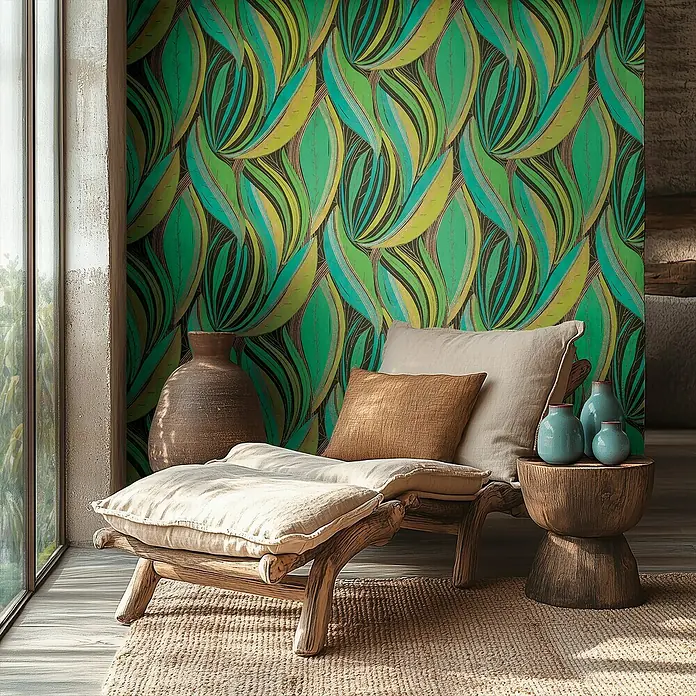 A.S. Création Metropolitan Stories Hot Spots Vliestapete Floral - Bunt-Gelb-Türkis, Floral, 10,05 x 0,53 m - Wohnzimmer mit stilvoller Holzliege, Kissen und Beistelltisch vor einer grünen Blättertapete.