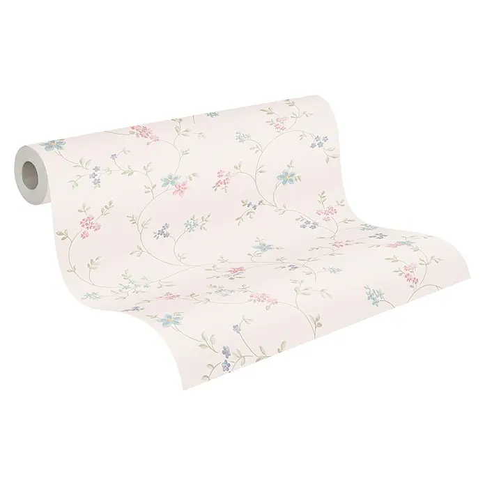 A.S. Création Maison Charme Vliestapete Blümchenranke - Pastellcreme-Grün-Blau, Floral, 10,05 x 0,53 m - Eine Rolle Tapete mit einem floralen Muster in Rosa- und Blautönen auf einem hellen Hintergrund, ideal für eine freundliche Raumgestaltung.