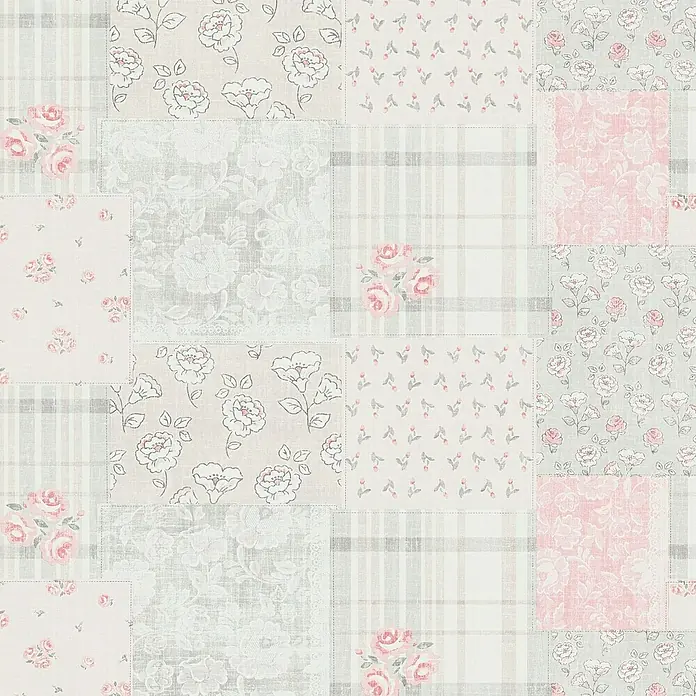 A.S. Création Maison Charme Vliestapete Blümchen-Collage - Grau-Rot-Weiß, Floral, 10,05 x 0,53 m - Quadratisches Patchwork-Muster mit floralen Elementen in Rosa- und Grautönen, ideal für vielseitige Dekorationszwecke.
