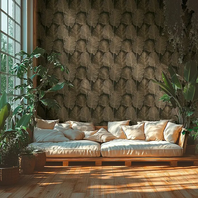 A.S. Création Metropolitan Stories Hot Spots Vliestapete Blätter - Schwarz-Beige-Metallic, Floral, 10,05 x 0,53 m - Einladendes Wohnzimmer mit einer entspannten Couch, umgeben von üppigen Zimmerpflanzen vor einer stilvollen Blättertapete.
