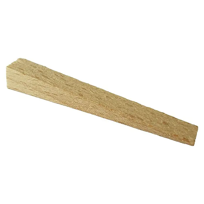 Heka Fliesenkeile - Holz, 200 Stk. - Ein einzelnes, rechteckiges Holzstück, das sich ideal für Bastelarbeiten oder Bauprojekte eignet. Die helle Holzfarbe und die Maserung sind gut sichtbar.