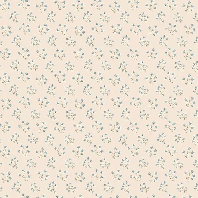 A.S. Création Maison Charme Vliestapete Blümchen - Blau-Creme-Grau, Floral, 10,05 x 0,53 m - Zartes florales Muster mit blauen Vergissmeinnichtblüten auf beigem Grund, ideal für frühlingshafte Dekorationen und Textilien.