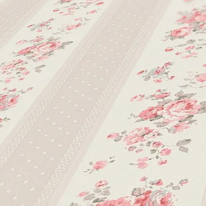 A.S. Création Maison Charme Vliestapete Vertikale Blümchen - Grau-Rot-Weiß, Floral, 10,05 x 0,53 m - Nahaufnahme einer floral gemusterten Tapete mit rosa Rosen und gepunkteten Streifen, die eine elegante und romantische Atmosphäre erzeugt.