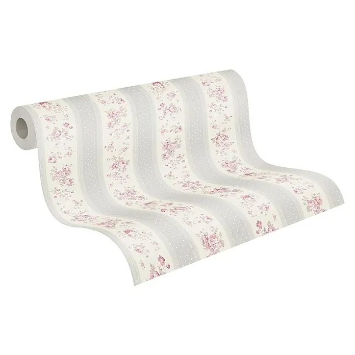 A.S. Création Maison Charme Vliestapete Vertikale Blümchen - Grau-Weiß-Violett, Floral, 10,05 x 0,53 m - Eine Rolle floral gemusterte Tapete mit Streifen und zarten Rosen in Rosa. Ideal, um Wände stilvoll zu verschönern.