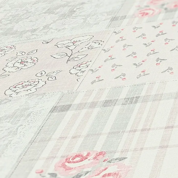 A.S. Création Maison Charme Vliestapete Blümchen-Collage - Grau-Rot-Weiß, Floral, 10,05 x 0,53 m - Ein elegantes Textildesign mit einem Patchwork-Muster, das florale Elemente und subtile Farbtöne kombiniert für eine stilvolle Note.
