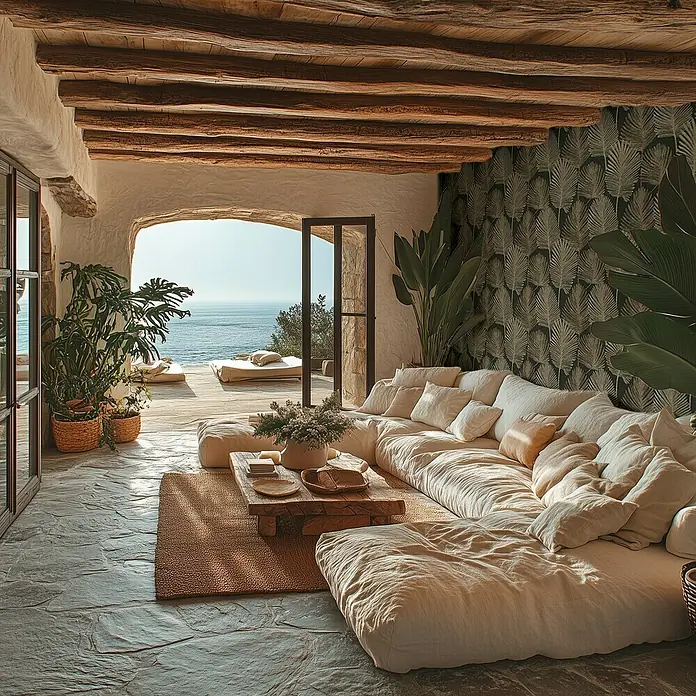 A.S. Création Metropolitan Stories Hot Spots Vliestapete Blätter - Schwarz-Beige-Metallic, Floral, 10,05 x 0,53 m - Großzügiges Wohnzimmer mit extratiefer Couch und Blick aufs Meer. Der ideale Rückzugsort, um die Seele baumeln zu lassen und die Natur zu genießen.