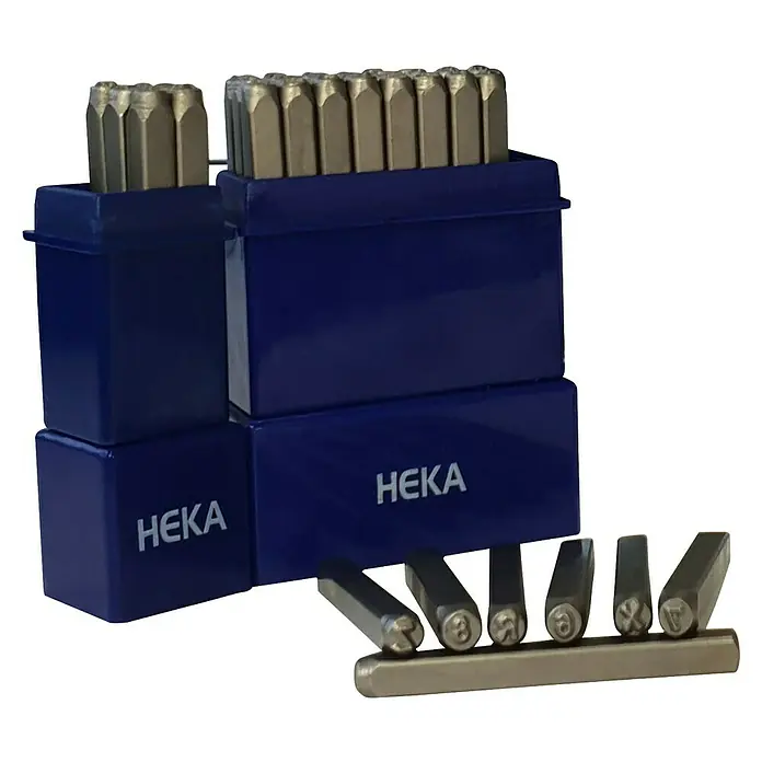 Heka Schlagstempelsatz - 27 -tlg. - HEKA Schlagzahlen und Buchstabenstempel-Set in blauer Box. Ideal zum Markieren von Metall und anderen Materialien mit dauerhaften Zeichen.