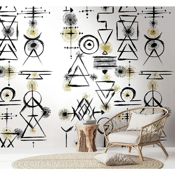 A.S. Création The Wall 2 Fototapete Symbole - B x H: 159 x 280 cm, Vlies, Weiß-Schwarz-Gold - Stilvolle Wandtapete mit abstrakten, geometrischen Mustern in Schwarz und Gold für ein modernes Raumambiente.