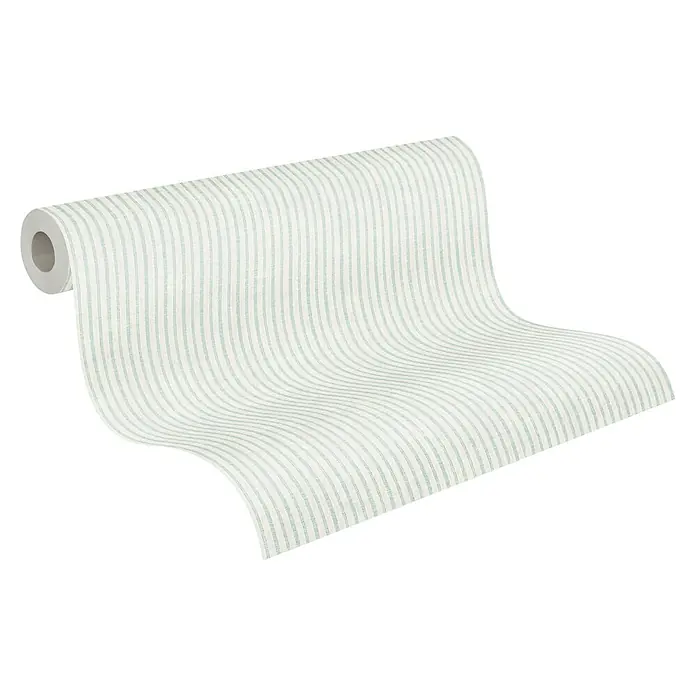 A.S. Création Maison Charme Vliestapete - Blau-Creme-Türkis, Streifen, 10,05 x 0,53 m - Nahaufnahme einer Rolle gestreifter Tapete in Grün und Weiß, die einen ruhigen und natürlichen Look für Innenräume bietet.