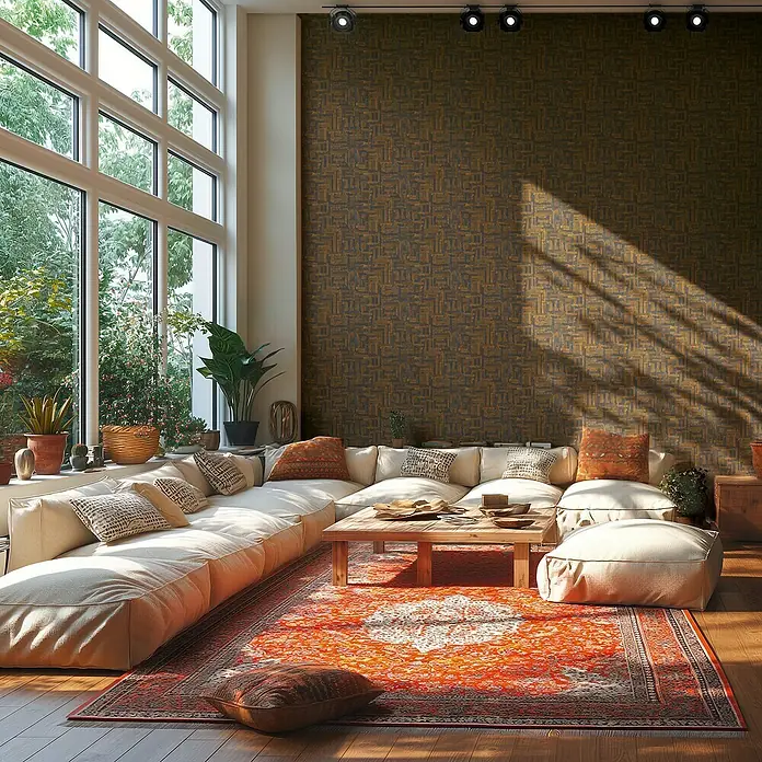 A.S. Création Metropolitan Stories Hot Spots Vliestapete Ethno - Braun-Grau-Schwarz, Grafisch, 10,05 x 0,53 m - Wohnzimmer mit modularem Sofa, Teppich und Akzentwand. Das bequeme Sofa lädt zum Entspannen in stilvollem Ambiente ein.