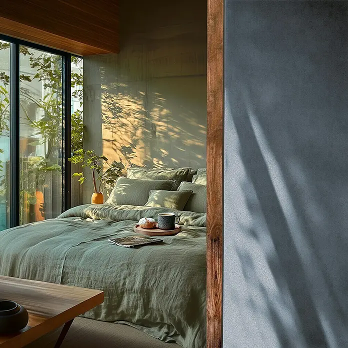 A.S. Création Metropolitan Stories Hot Spots Vliestapete - Blau, Uni, 10,05 x 0,53 m - Einladendes Schlafzimmer mit einem grünen Bett mit Leinenbettwäsche, einem Tablett mit Kaffee und Gebäck, neben dem Fenster mit natürlichem Licht.
