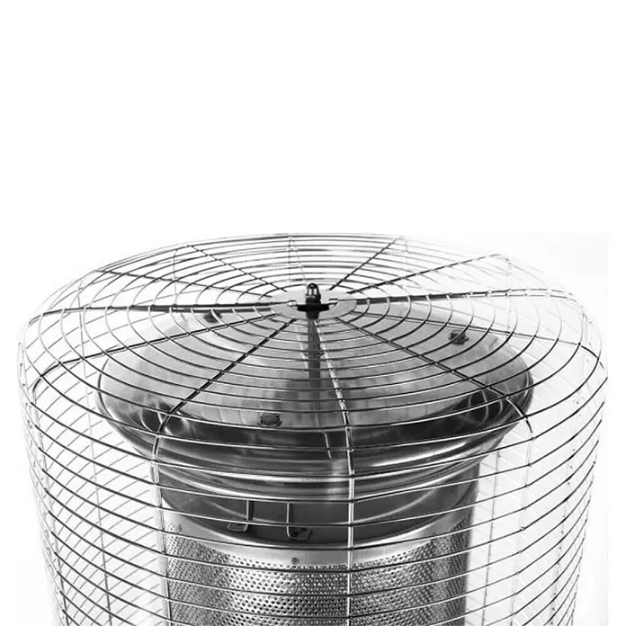 Orbegozo Estufa de exterior PHE86 - 5 kW - 10 kW, Altura: 137 cm - Primer plano de un calentador de patio con una rejilla protectora redonda y un quemador.