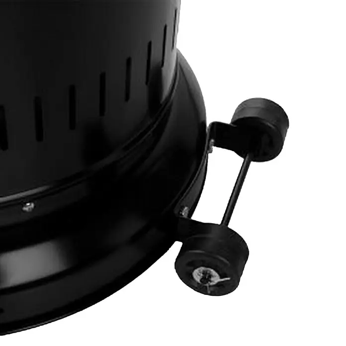 Orbegozo Estufa de exterior PHE86 - 5 kW - 10 kW, Altura: 137 cm - Primer plano de un calentador de patio negro con ruedas para facilitar su movilidad. Práctico y móvil para reuniones acogedoras al aire libre.