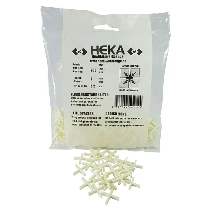 Heka Fliesenkreuz - 200 Stk., Breite: 2 mm - Bild eines Pakets mit HEKA Fliesenabstandhaltern, die für gleichmäßige Fugenabstände sorgen. Inhalt: 200 Stück, Fugenbreite: 2 mm, für 5,2 qm.