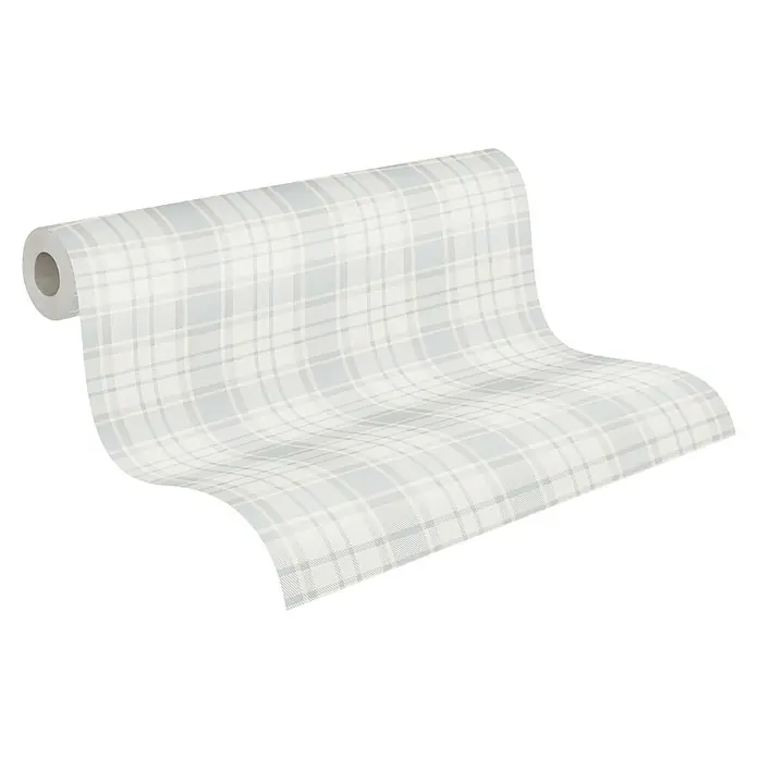 A.S. Création Maison Charme Vliestapete Karo - Blau-Grau-Weiß, Grafisch, 10,05 x 0,53 m - Eine Rolle karierte Tapete in Grau- und Weißtönen, ideal für eine stilvolle Wandgestaltung im Innenbereich.